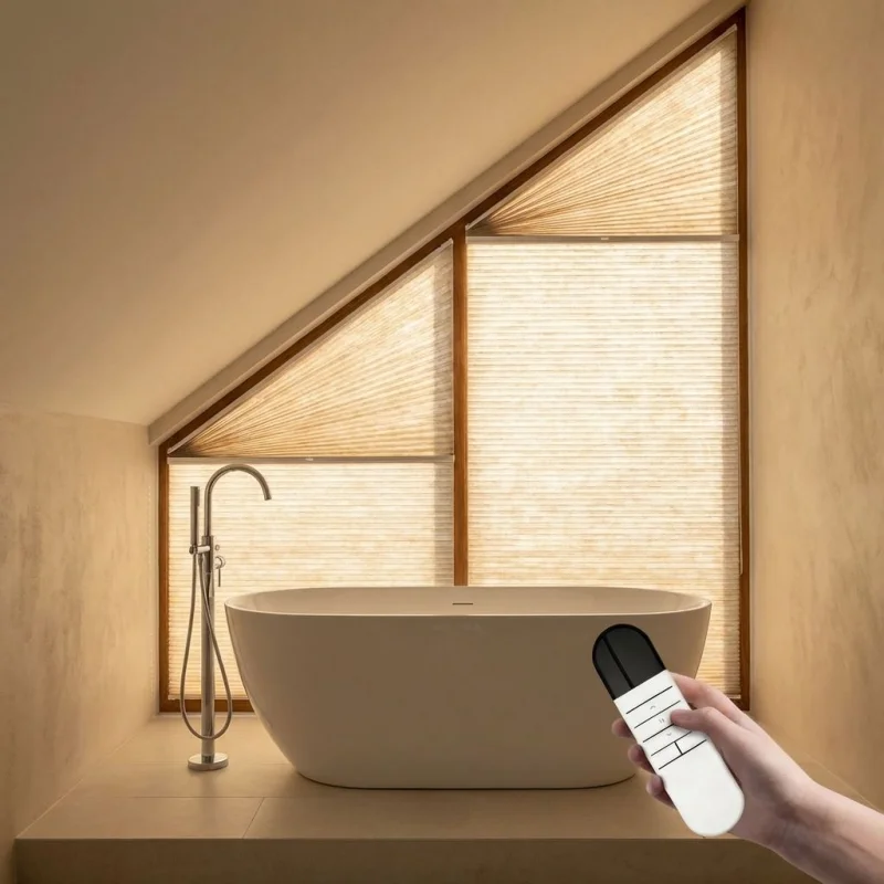 

Customizable Size Uv Protection Fabric Alexa Amazon Google Compatible Solar Panel Electric Cellular Blinds For Triangular Window