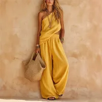 Summer Women 2 Piece Set Slant Collar Asymmetrical Sleeveless Top Bare Midriff Long Pants Solid-colored Loose Wide Leg Pants Set - Image 6
