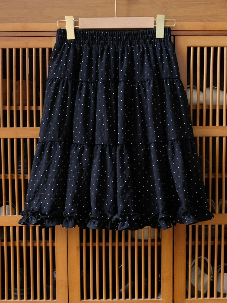 Korean Style Sweet Polka Dot Design Skirt Women New Cute Casual Midi Black Skirts Harajuku A-line Hottie Lace Fashion Cake Skirt