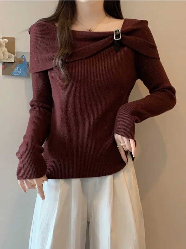 

Slim Fit Wine Red Knitted Sweater Women's plus Size Spring 2026 iny Tead Base Top Korean Sle Commute Soft Long Sve
