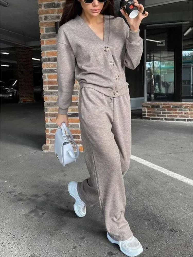 New Autumn Casual Knitted Women\'s Suit Solid Color Long Sleeve Button Jacket + Lace-up Sweatpants Two Piece Set Comfortable Sets