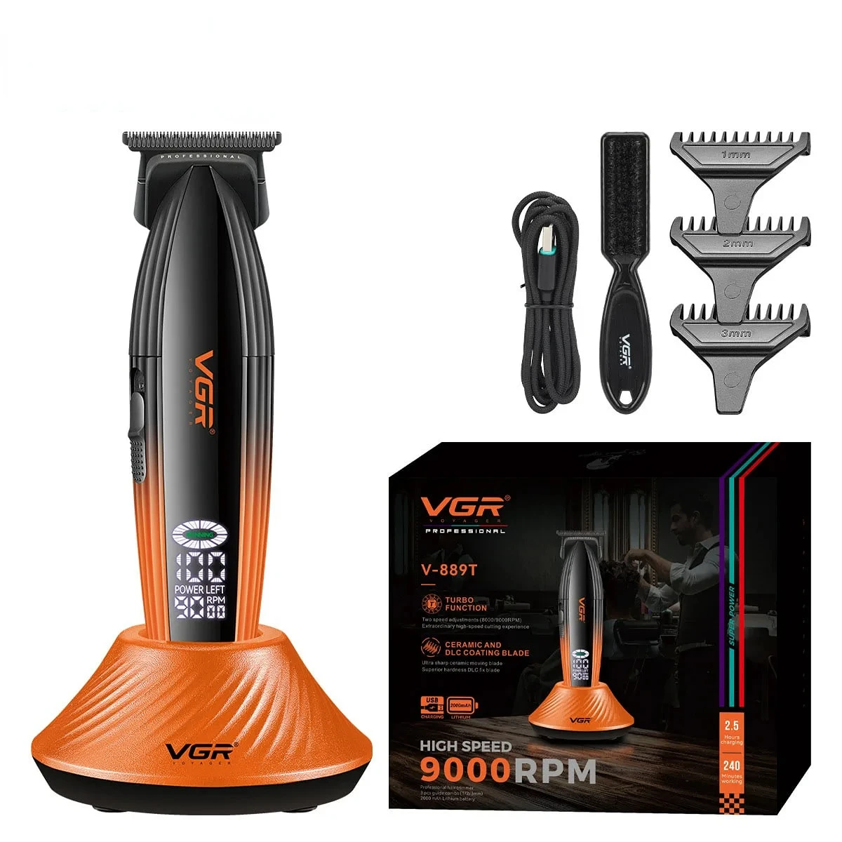 VGR Haartrimmer Elektrisch Tondeuse Draadloos Haarknipmachine 9000 tpm Haarknipmachine Barbier Metalen Trimmer voor mannen V-889
