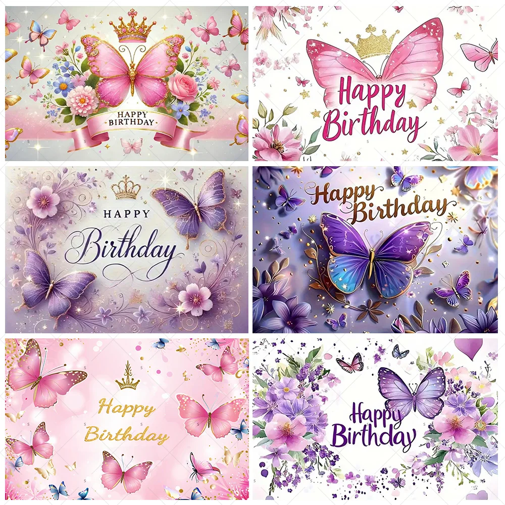 

﻿Purple Pink Butterfly Backdrop Supplies Girl Birthday Party Decorations Floral Background Banner Baby Shower Photography Props