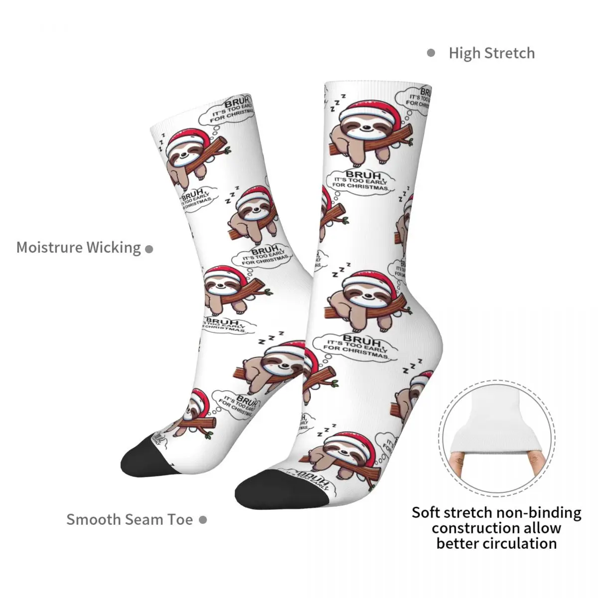 Bruh, It's Too Early For Christmas, Sleeping Sloth. Socks Harajuku Soft Stockings All Season Long Socks Accessories for Unisex