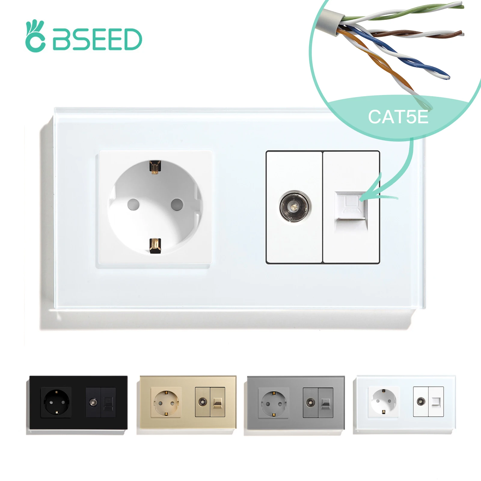 BSEED EU Standard Wall Socket TV PC With EU Standard Socket Crystal Glass Panel White Black Golden EU Standard