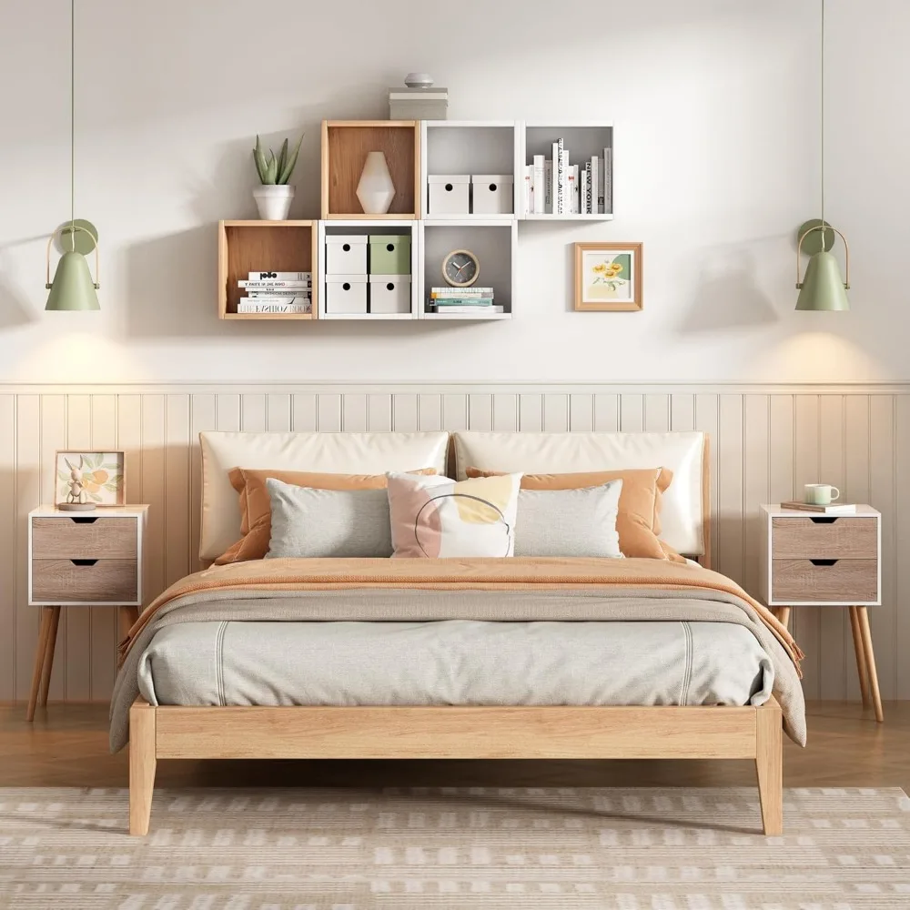 طقم طاولات بجانب السرير مكون من قطعتين مع أدراج وأرجل خشبية صلبة وتخزين كبير ومنضدة ليلية للطاولات النهاية