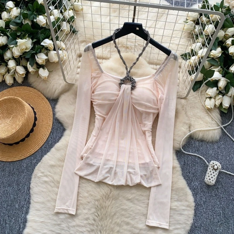 

French Spicy Girl Y2k Long-sleeved T-shirt Women Pure Desire Slim Sexy Fashion Tops New Design Chain Mesh Slim Aesthetic Clothes