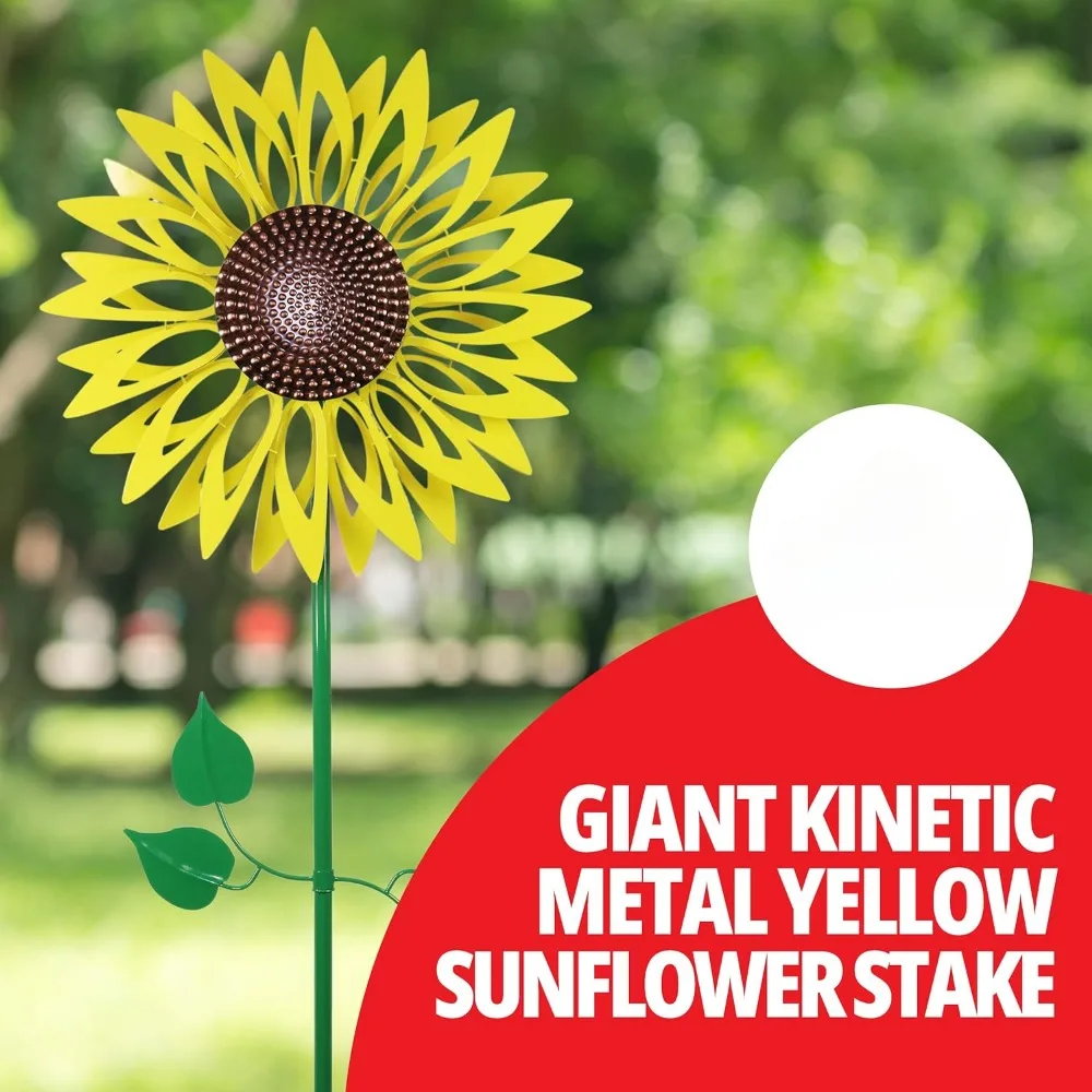 Garden Wind Spinner, Giant Yellow Sunflower Stake, Dual Wind Powered Metal Outdoor Decor and Yard Art, Garden Wind Spinner