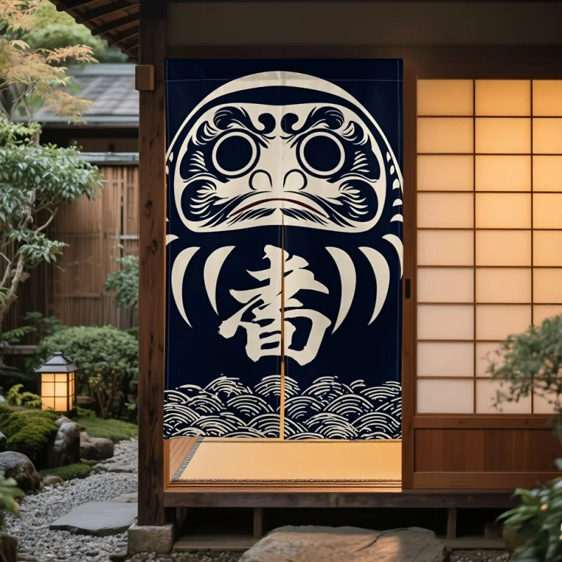 Image of VIKAMA Traditioneller japanischer Daruma Noren Türvorhang, marineblauer Raumteiler mit Daruma-Print für Restaurant und Zuhause