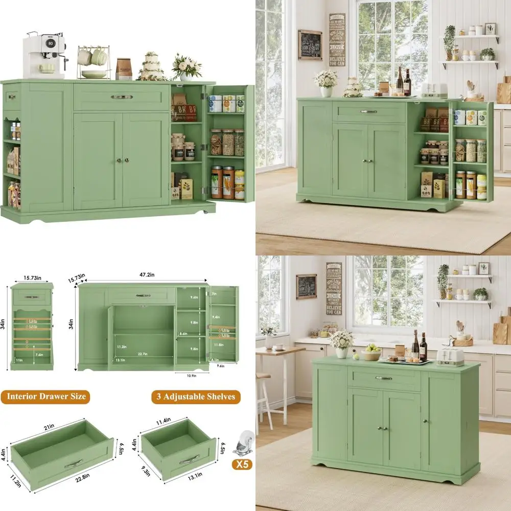 عربة جزيرة المطبخ مع مساحة تخزين، 47 طاولة دوارة على عجلات، درجين، جزيرة تخزين المطبخ بارتفاع قابل للتعديل