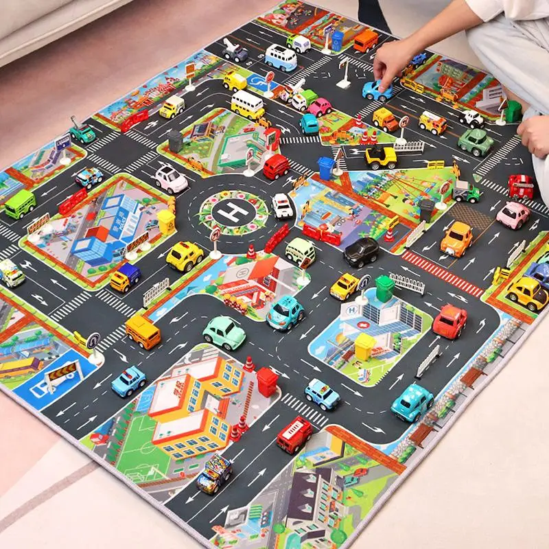 Game Mat rumah tebal mainan lalu lintas kota, karpet peta tempat parkir antiselip dapat dicuci tikar bermain orang tua anak 130*100Cm