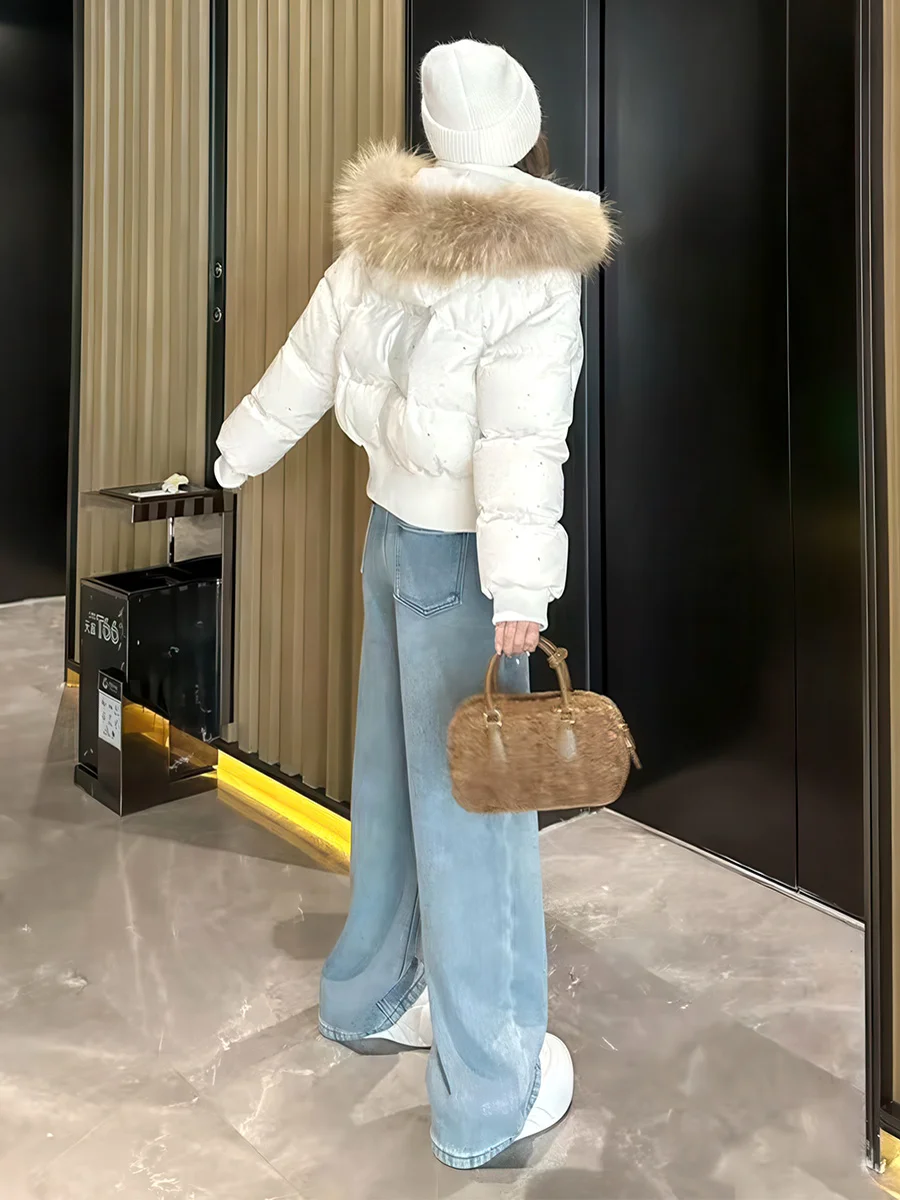 

Women's ort Puffer Jaet 90% White Du down Hooded Thiened Fur Collar Casual Sle Winter Coat Warm High Waist Bread Sle