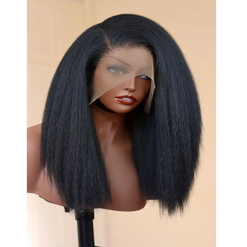 

yaki Glueless 30 Inch Lace Front Wig for Women 180 Density Natural Black Kinky Straight with Baby Hair Preplucked