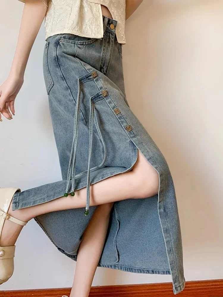 

Women Denim Skirt Y2k Vintage Gradient A-line Jean Skirt Emo 2000s Clothes Long Skirt Harajuku Korean 90s Fashion Grunge Clothes