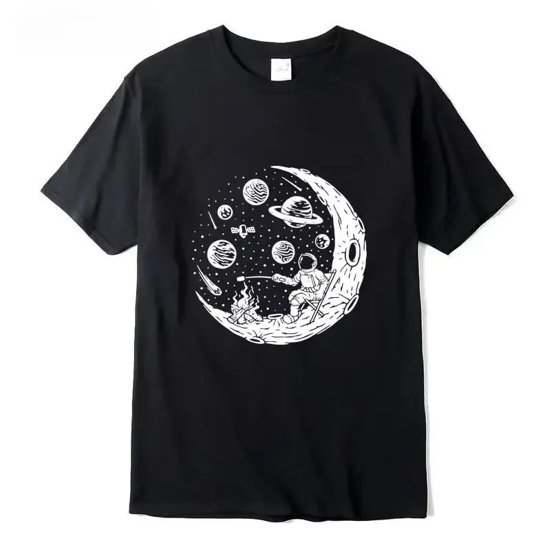 تي شيرت رجالي جودة عالية 100% قطن مضحك رائد الفضاء القمر الشواء طباعة عادية فضفاض كول الرجال س الرقبة تي شيرت تي شيرت #1