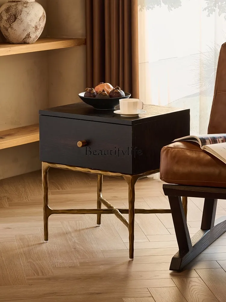 

Sili Style Light Luxury Modern Simple Bedside Table Antique Style Retro Distressed Oak Storage Side Cabinet