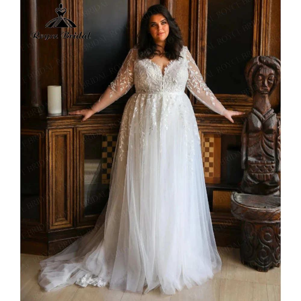 

Roycebridal Свадебное платье больших размеров из тюля с кружевной аппликацией и v-образным вырезом, длинным рукавом и скользящим шлейфом, 2025 г., свадебные платья в стиле бохо по индивидуальному заказу