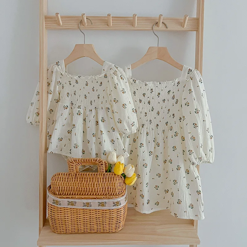 Sisters Outfit Baby Girl Romper Infant Square Neck Rose Print Lantern Long Sleeve Jumpsuit Girl Dress