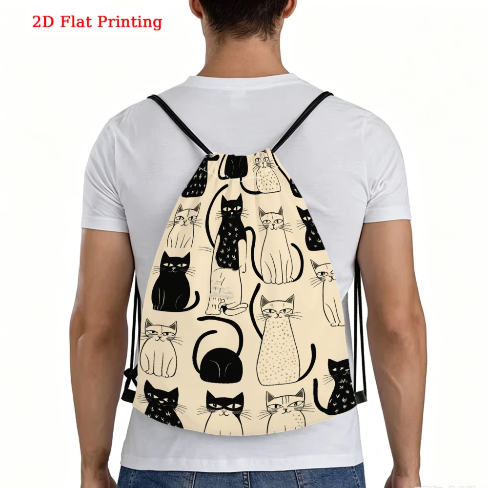 Cartoon Black And White Cats 2D Print Drawstring Backpack, Fitness Sports Outdoor Travel Bag