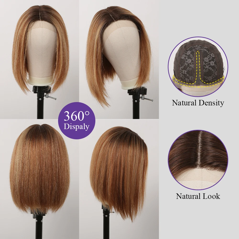 Peruca de cabelo humano castanho claro Ombre para mulheres, perucas com laço frontal, ombro, longo, reto, penteado feminino, parte do meio, lob