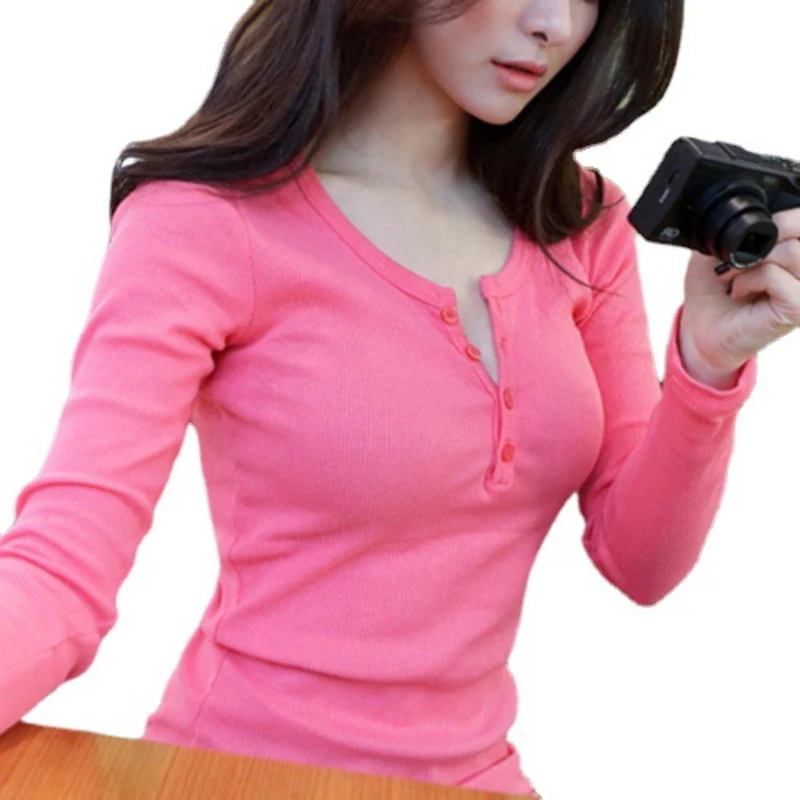 New Button Thread Solid Color Long Sleeved T-shirt Women's Slim Bottoming Shirt