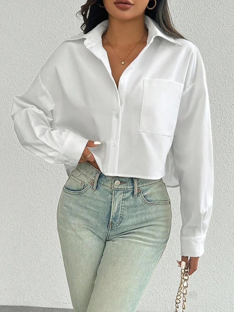 Zadily 2025 Autumn Women's White Turn-Down Collar Long Sleeve Cropped Shirt with Pocket Casual Loose Blouse Clothing