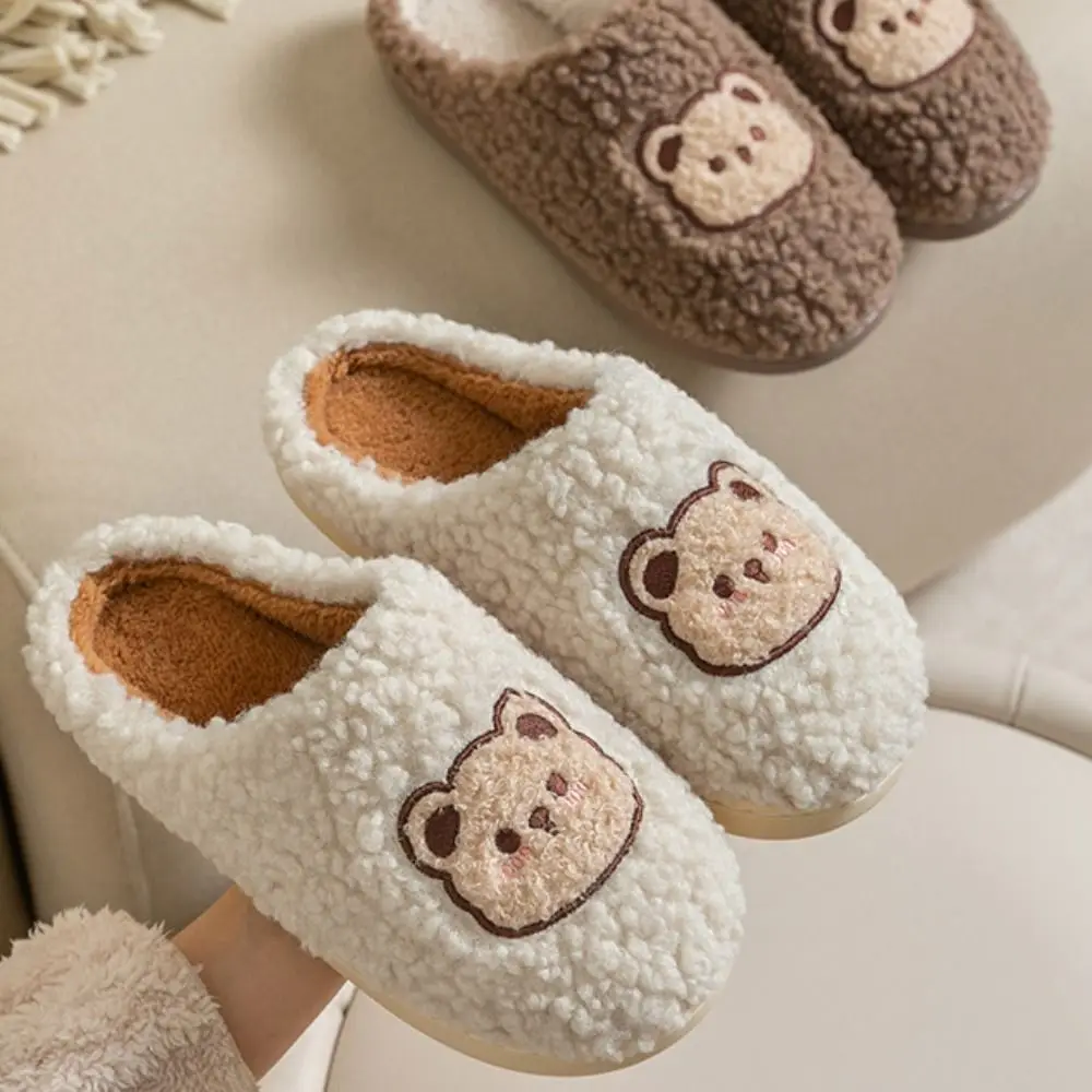 Cozy Cute Plush Bear Slippers Warm Thick Sole Male Female Slides Soft Bottom Non-Slip Home Shoes Indoor