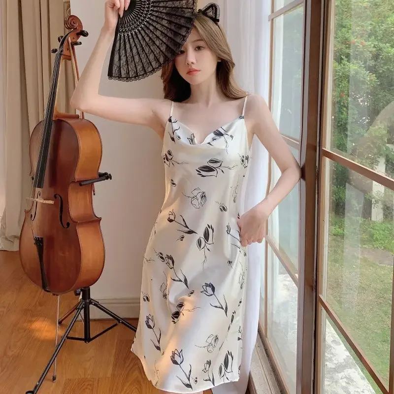 Summer Ice Silk Pajamas 2025 New Lady Sexy Pure Desire Style High-End Long Nightdress Women Thin Large Size Sweet Nightgown