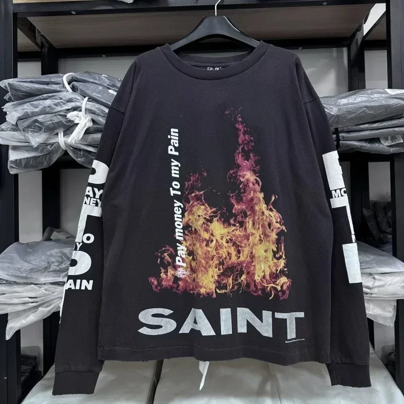 24ss Washed Black SAINT MICHAEL Vintage Hoodies Men Women 1:1 Flame Printing Oversized Pure Cotton Long Sleeved T-shirt