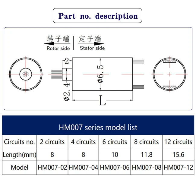 Mini slip rings AC 48V 100RPM OD6.5 mm, 2 to 12 wires, each line 1A, UAV handheld pT-stabilized camera