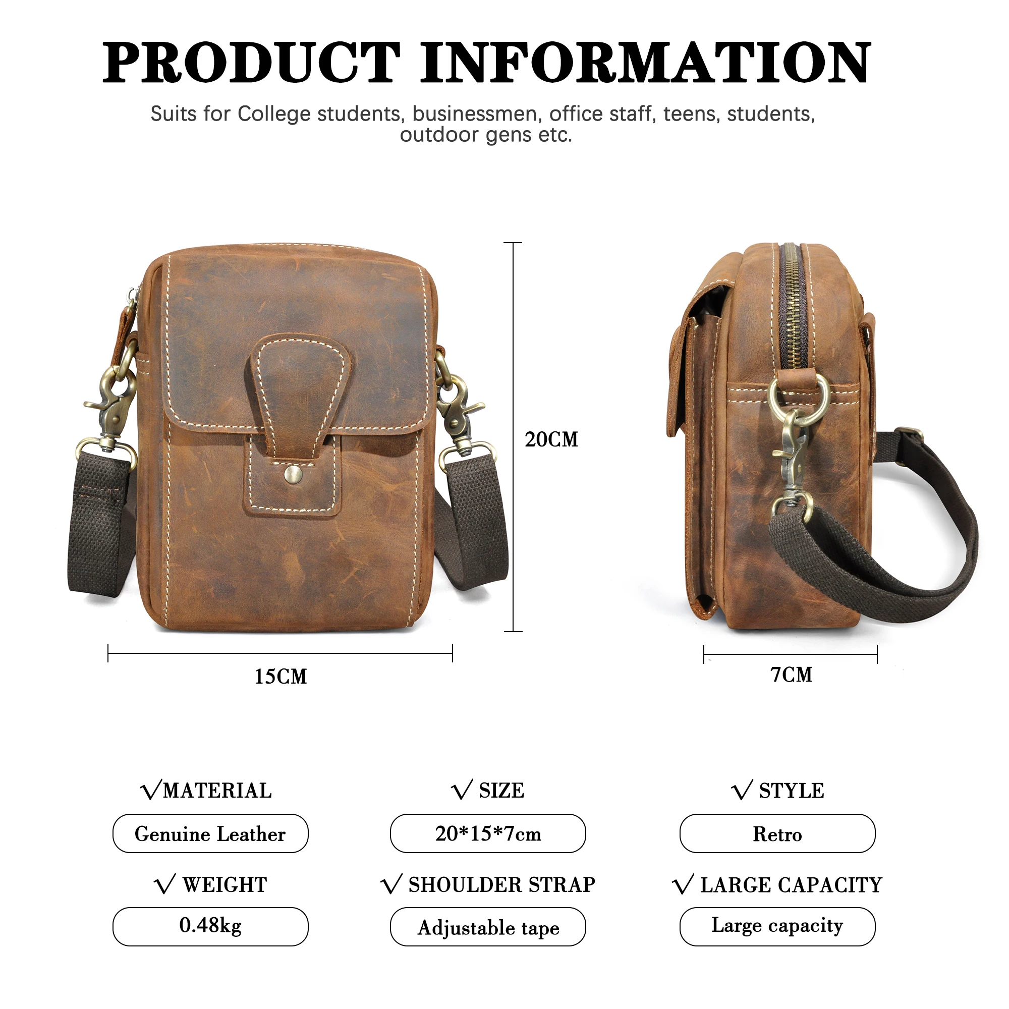 Natural Crazy Horse Leather Travel Vintage Fanny Waist Belt Bag Pack Sling Bag Design Phone Cigarette Case For Men Male 1535