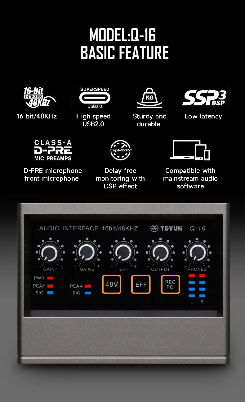 TEYUN Q-16 New Optimized Audio Interface Simpler and Lightter Than Plug In Compatibility Delay Free Monitoring DSP Effect New