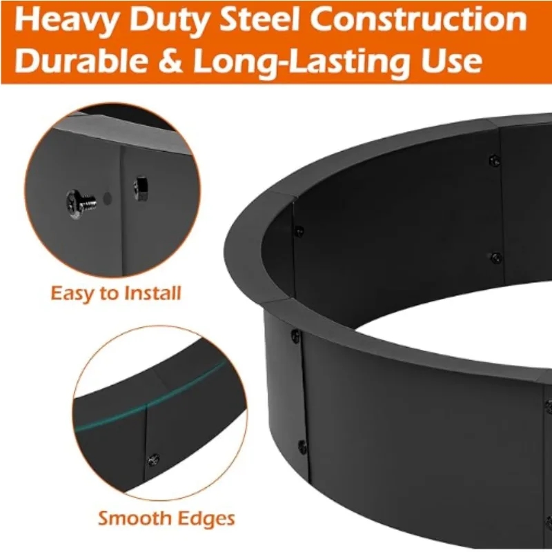 Round Solid Steel Fire Pit Ring Insert Outdoor Camping Wood Log Burning Liner DIY Campfire Ring above or In-Ground for Outdoor