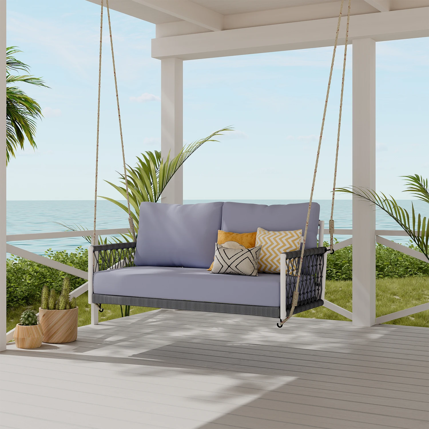 

TREXM Woven Rope Outdoor Swing Sofa with Soft Cushions - Patio & Balcony Seating