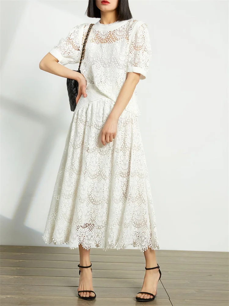 Ladies 100% Cotton Solid Color Elegant Sweet Long Jupe Women Lace Embroidery Hollow Out Mid-Length Dress Summer 2024 New