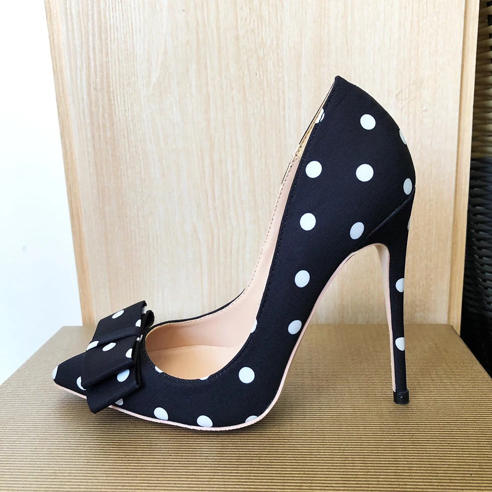 Tikicup Polka Dot Women Black Satin Stiletto High Heels with Bowknot Chic Ladies Designer Dress Shoes Pointed Toe Silk Pumps