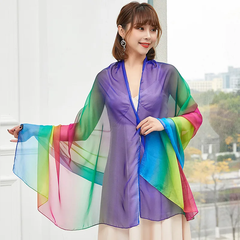 Chiffon Rainbow Kleurrijke Sjaal Vrouwen Arn Sjaal Dans Zijden Sjaal Oversized Strand Sjaal Vier Seasoyns