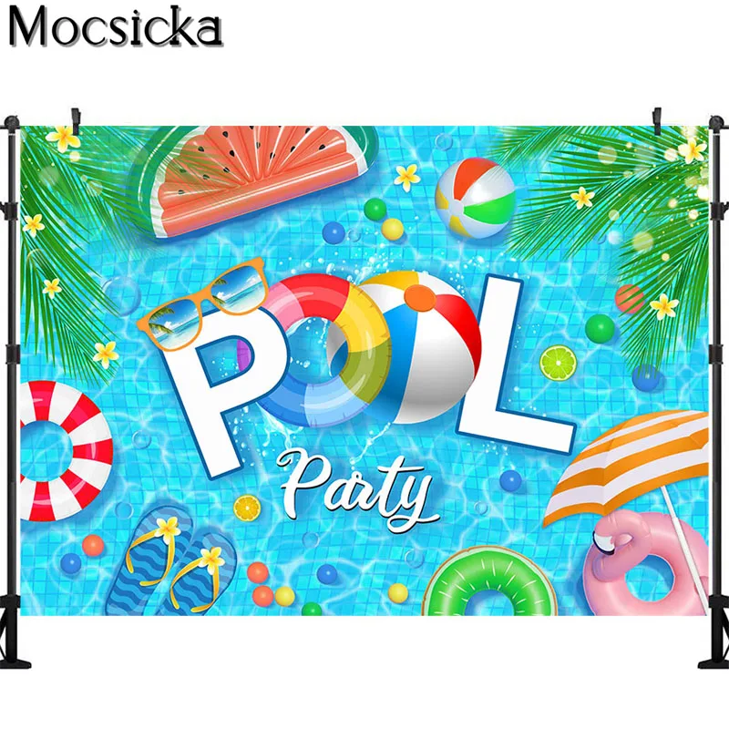 Mocsicka Summer Blue Pool Party Backdrop for Children Birthday Decoration Photography Background Watermelon Lemon Photo Props