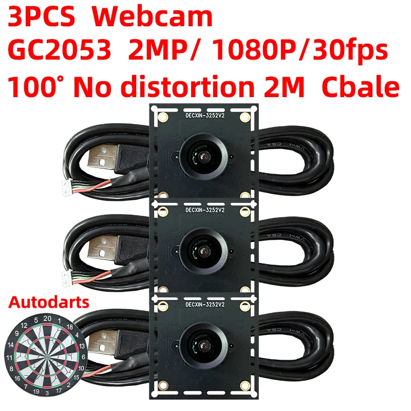Module de caméra USB 3PCS GC2053 2MP 1080P 100 degrés, sans pilote, avec câble de 2m, adapté au système de notation automatique des fléchettes