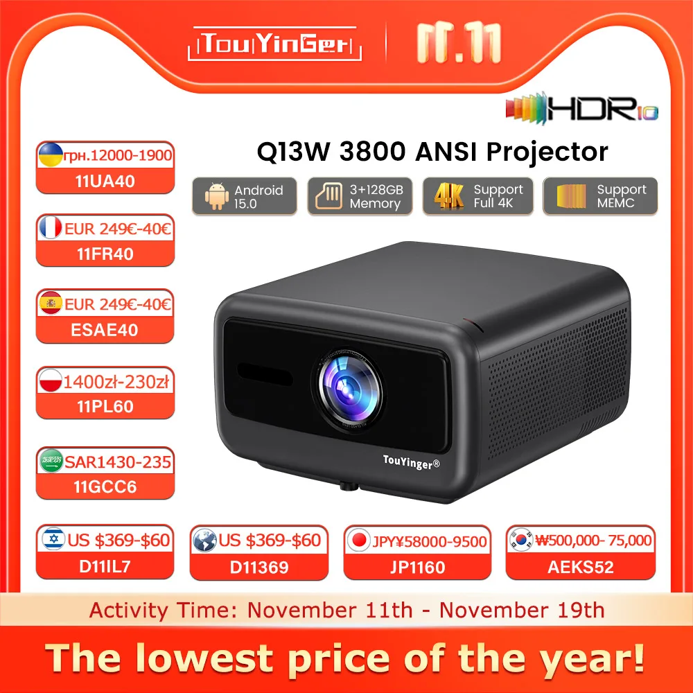 

Touyinger Q13W 3800ANSI Full HD 4K Decoder Android 15 Support MEMC Smart TV Home Theater Fully Sealed Optical Projector