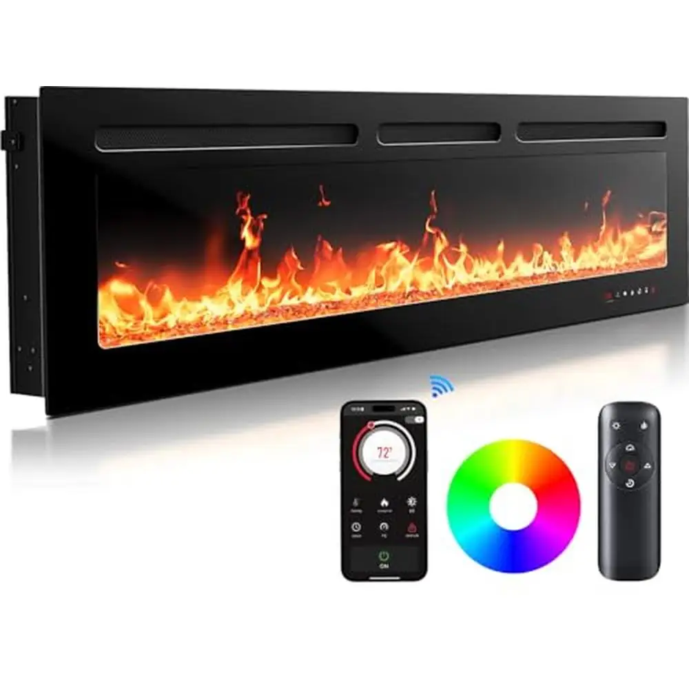 60" Electric Fireplace Heater with Smart App Control & Remote 5300 BTU Heat Output Ultra-Slim Wall-Mounted or Recessed 20 Flame