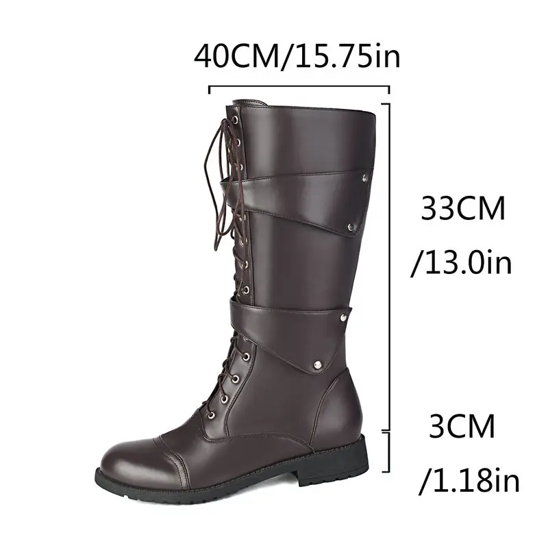 ORCHA LISA Casual Retro Style Men's Riding Boots Round Toe 3cm Thick Heel Zipper Lace Up Rivets Large Size 47-49 Casual Daily
