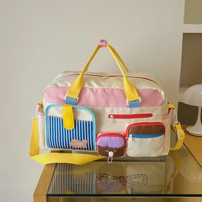 Color Block Large Travel Duffle Bag Multi Pocket Weekender Overnight Handbag Removable Strap Casual Sport Luggage Сумка‑дорожная