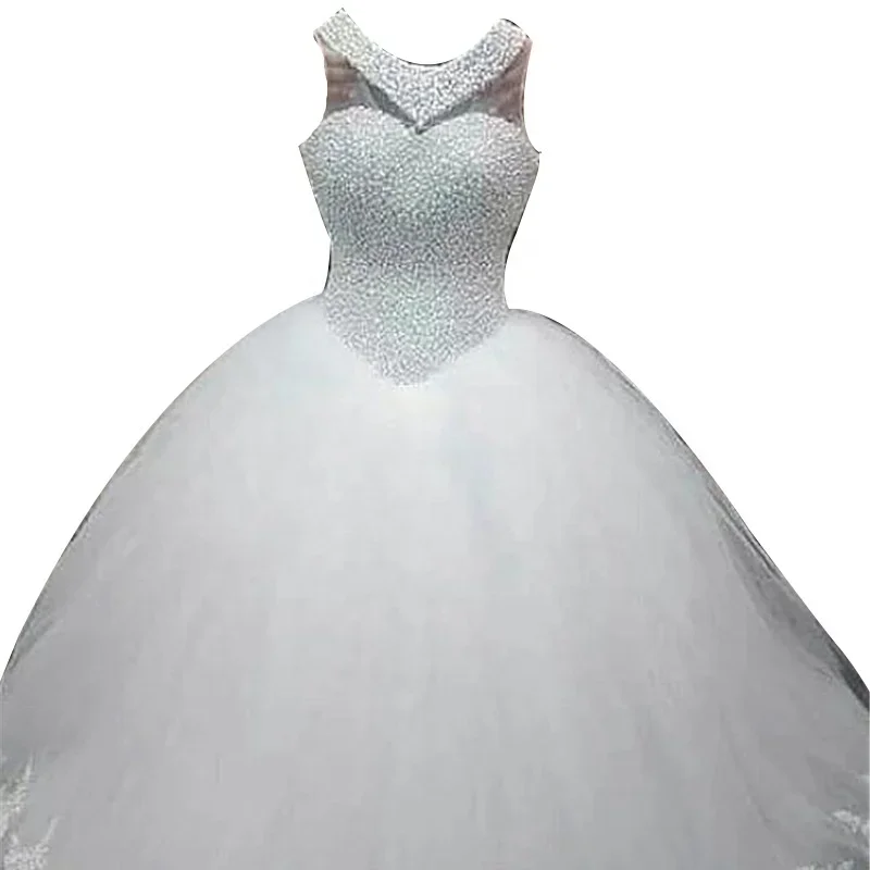 Vestidos de perlas de moda personalizados, vestidos de boda de bola sin mangas brillantes