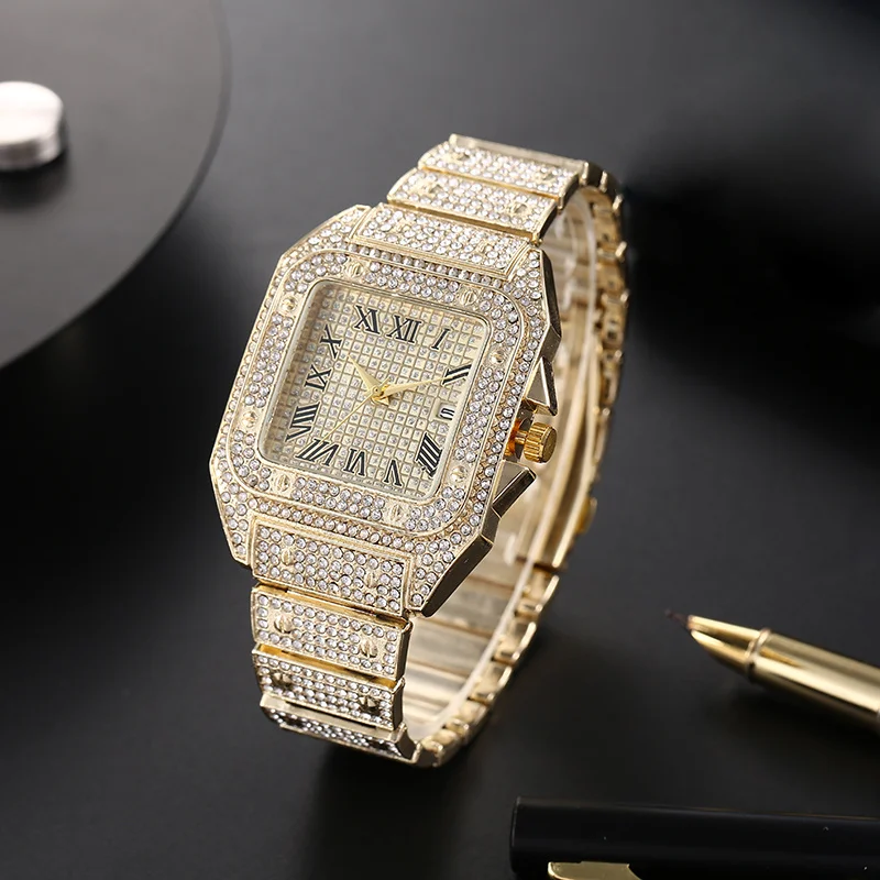 Luxury Square Men's Business Watches Steel Strap Roman Dial Rhinestone Quartz Watch Lesiure Male Wristwatch Relogio Masculino view 5