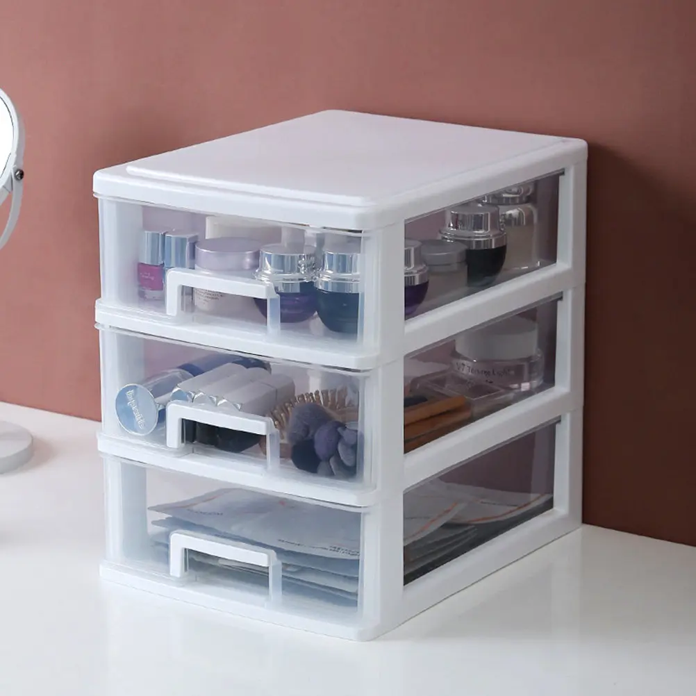 

3 Tier Plastic Storage Cabinet Simple Design Desktop Drawer Organizer Box for Jewelry Glasses Cosmetics Transparent White Living