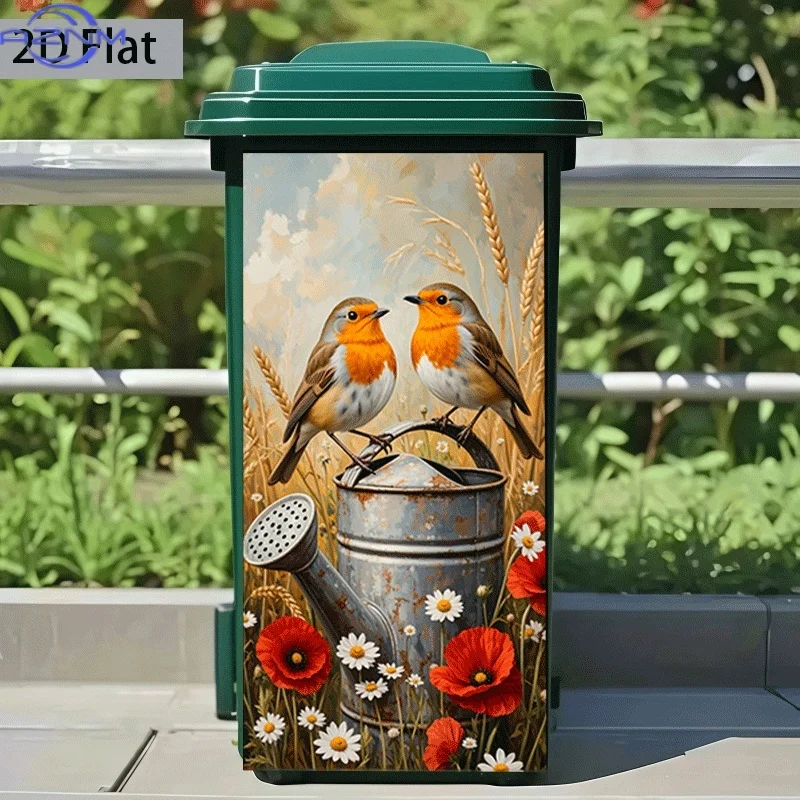 2D Flat Printing 1pc Trash Can Sticker 14.57×32.28inch, Sparrow Perching by Flowerside Spring Teapot, Animal Theme Design, Sel