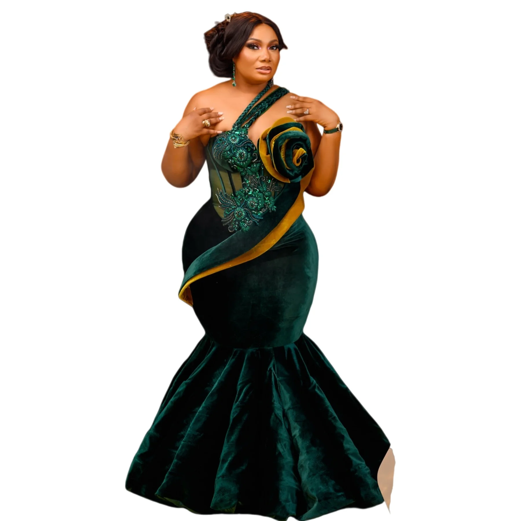 Vestidos de fiesta de sirena verde oscuro 2025, un hombro con cuentas de cristales, vestidos formales de noche de terciopelo para fiesta de cumpleaños, vestidos ZJ2609