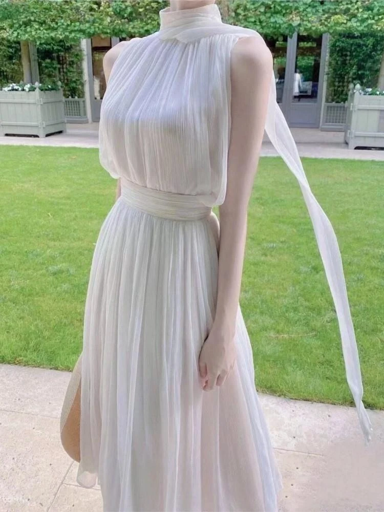 Summer Casual White Skirt Set French Elegant Two Piece Suit Women\'s Sleeveless Loose Top & Hight Waist Chiffon Skirt Outfits