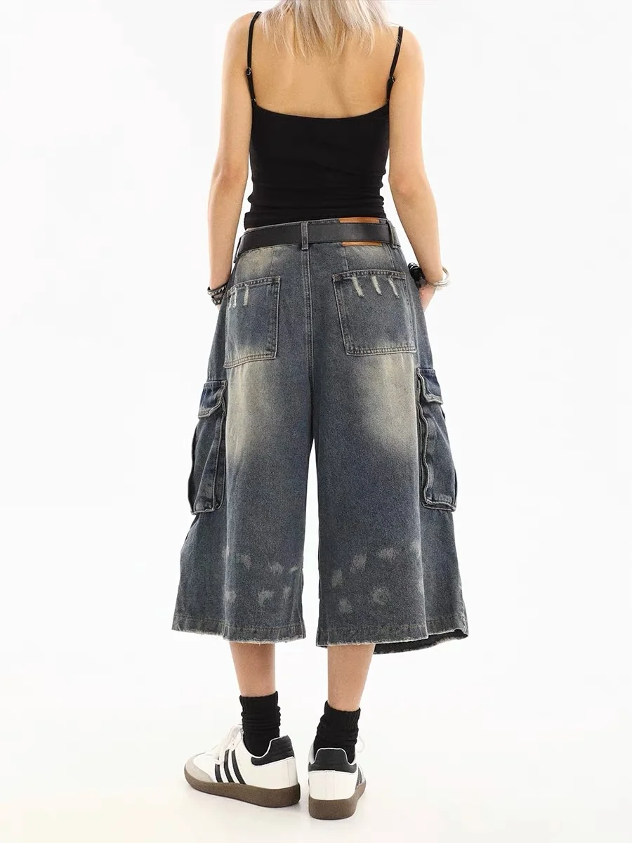 American Street Style Multi-Pocket Work Pants Women Loose CleanFit Wide Leg Large Size Retro Slimming Seven-Fit Jeans
